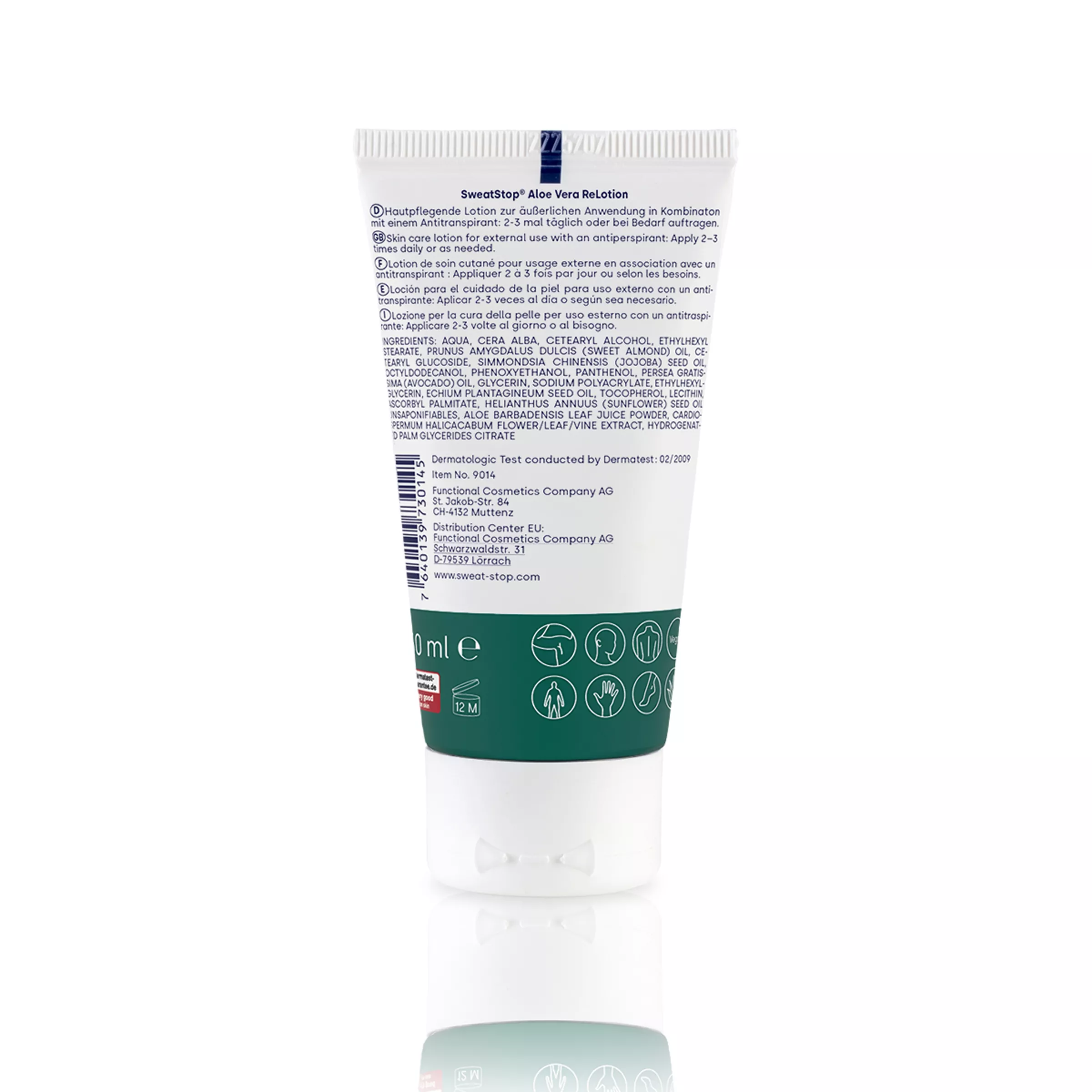 Rückansicht der sweatstop Aloe Vera ReLotion in der Tube mit Produktinformationen, Inhaltsstoffen und Anwendungshinweisen