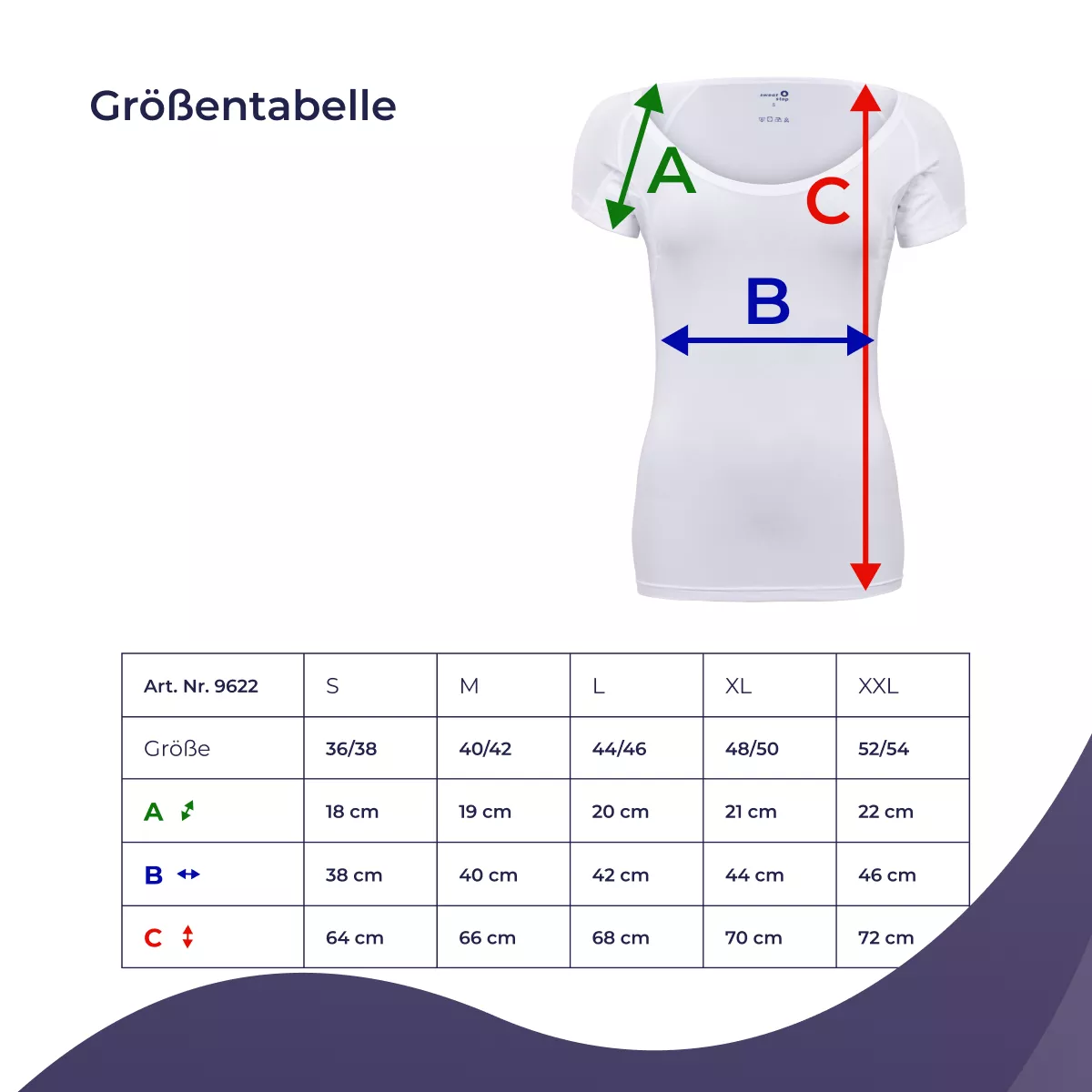 SweatStop Größentabelle für Damen-Antitranspirant-Shirt mit Messhilfe: A Ärmellänge, B Brustbreite, C Shirtlänge, Größen S bis XXL
