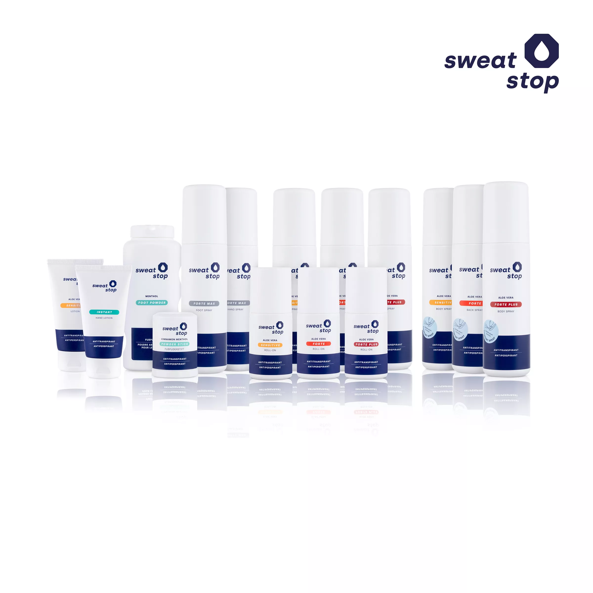 sweatstop Sortiment mit Antitranspirant Produkten: Roll-ons, Body- und Handsprays, Lotionen, Fußpuder und Puderstick auf weißem Hintergrund