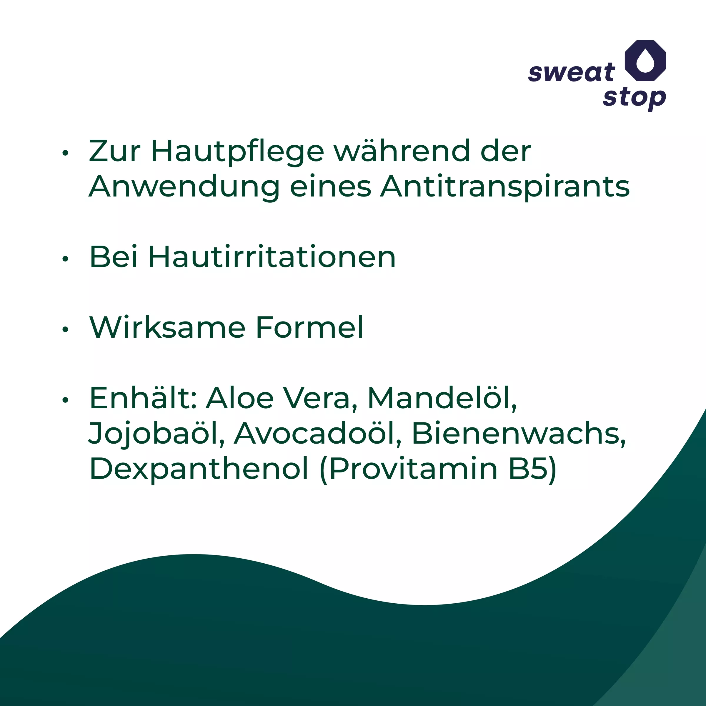 sweatstop Infografik zur Hautpflege während der Anwendung eines Antitranspirants bei Hautirritationen, mit Aloe Vera, Mandelöl, Jojobaöl, Avocadoöl, Bienenwachs und Dexpanthenol